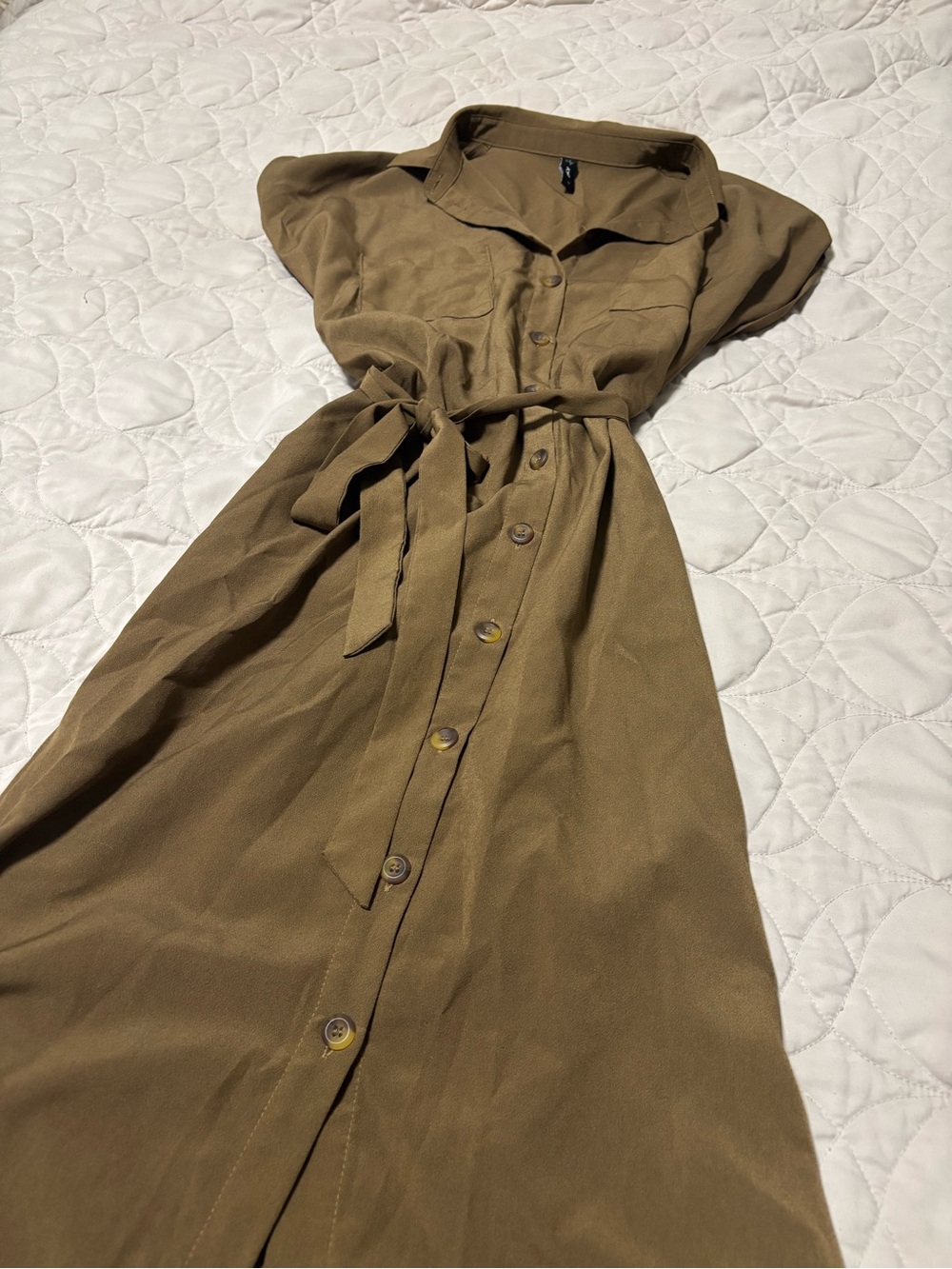 Only Olive Brown Button-Front Midi Dress with Self Tie
